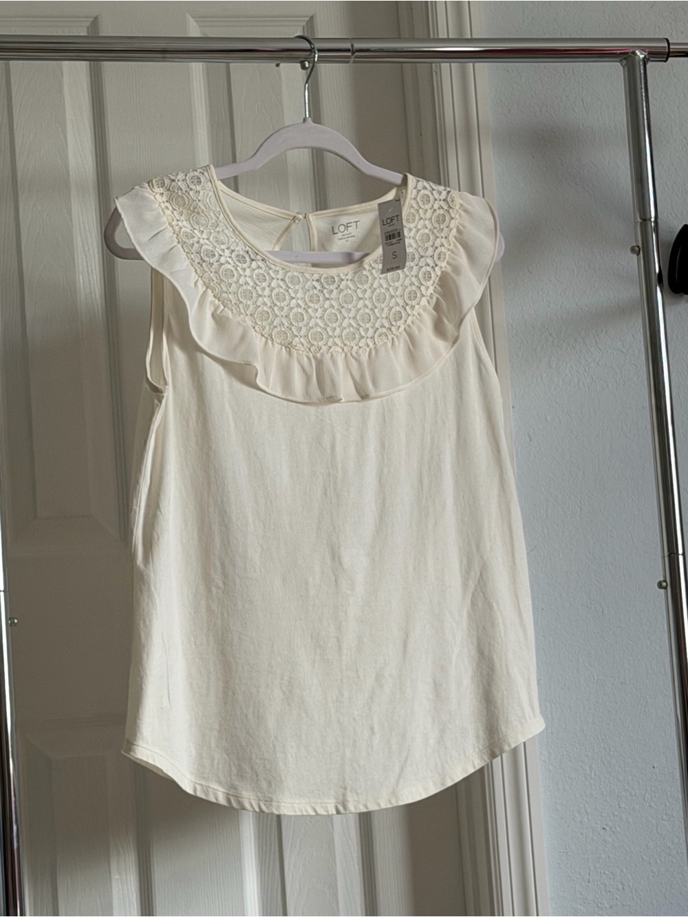 LOFT Cream Crochet Yoke Ruffle Sleeveless Top